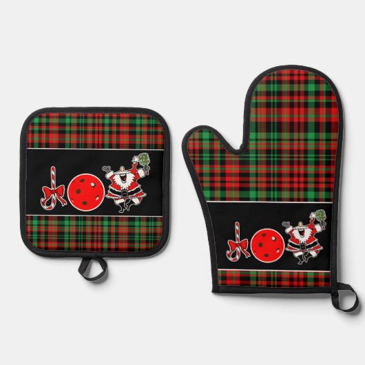 Pickleball Christmas Joy Santa Paddle Plaid Ovenwant & Pannenlap Set (Voorkant)
