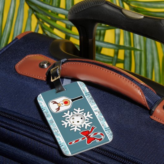 Pickleball Christmas Joy Snowflake Blauw en Wit Bagagelabel (Voorkant Insitu 1)