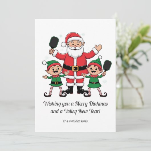 Pickleball Christmas Santa Elf, uw aangepaste teks Feestdagenkaart (Staand voorkant)