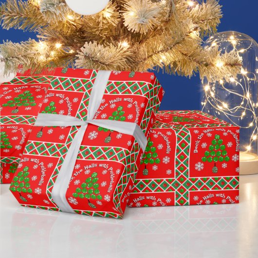 Pickleball Christmas Tree Deck the Halls Red Green Cadeaupapier (Feestdagen)