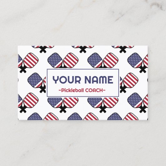 Pickleball Coach - Amerikaans patroon op wit Visitekaartje (Voorkant)