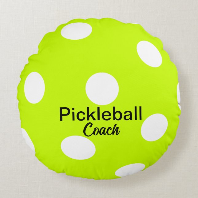 Pickleball Coach Geel Rond Kussen (Voorkant)