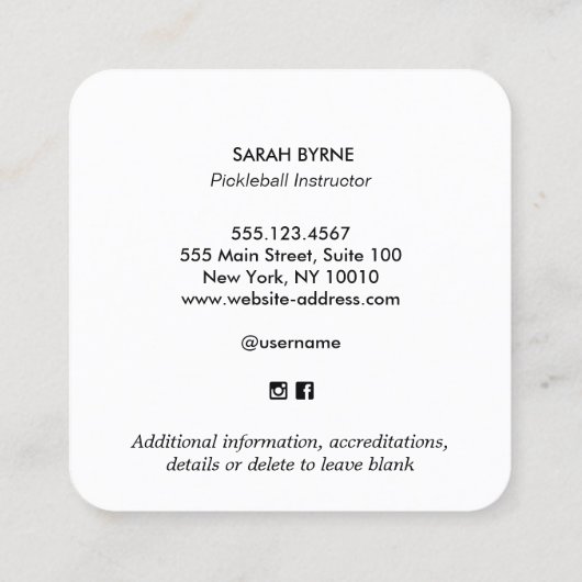 Pickleball Coach Square Visitekaartje (Achterkant)