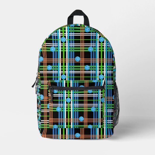 Pickleball Court Bag Zwart en Blauw Plaid Bedrukte Rugzak (Voorkant)