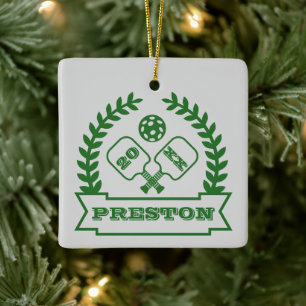 Pickleball Custom Jaar en Naam Keramisch Ornament