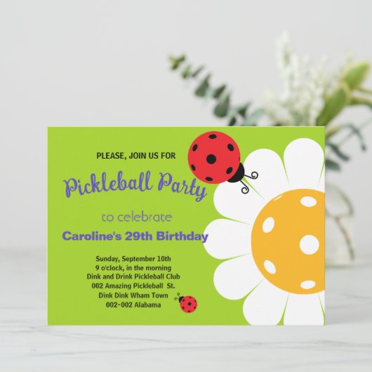 Pickleball Daisy & Ladybug B-day Invtation+ RSVP Kaart (Staand voorkant)