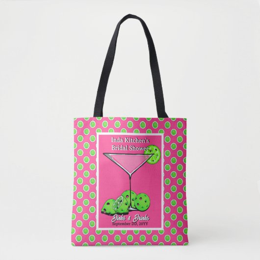 Pickleball Dinks & Drinks Roze & Groen Personalise Tote Bag (Voorkant)