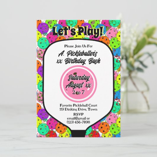 Pickleball Feest Ballonnen Confetti Roze Foto Kaart (Staand voorkant)