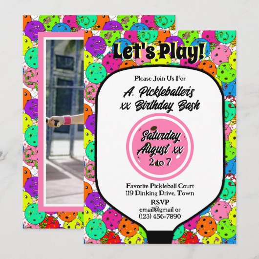 Pickleball Feest Ballonnen Confetti Roze Foto Kaart (Voorkant / Achterkant)