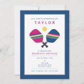 Pickleball Feest Sport Blauw Groen Roze Uitnodigin Kaart (Voorkant)