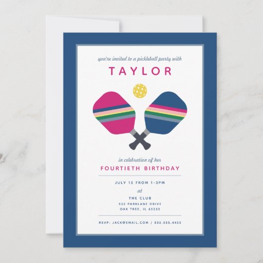 Pickleball Feest Sport Blauw Groen Roze Uitnodigin Kaart (Voorkant)