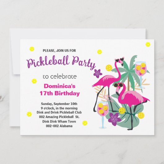 Pickleball Flamingos B-day Invitation + RSVP Kaart (Voorkant)
