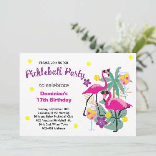 Pickleball Flamingos B-day Invitation + RSVP Kaart (Staand voorkant)