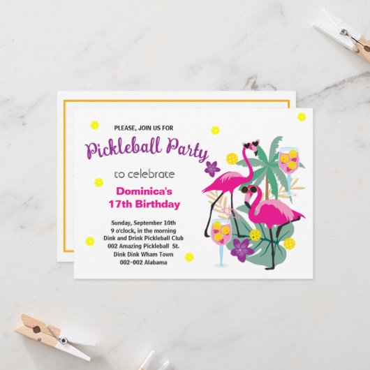 Pickleball Flamingos B-day Invitation + RSVP Kaart (Voorkant / Achterkant in situ)