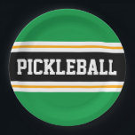PICKLEBALL Fun Athletic Bold Green Black Stripes Papieren Bordje<br><div class="desc">Dit sportieve ontwerp is voorzien van gedurfde PICKLEBALL-tekst in een brede zwarte horizontale middelste racestreep gemarkeerd met twee zwevende witte strepen tegen felgroene buitenstrepen. De tekst kan gepersonaliseerd worden.</div>