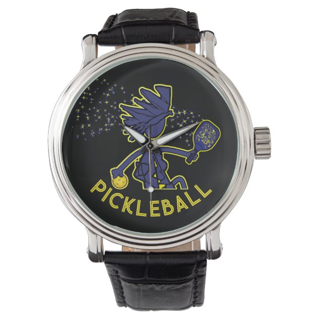 Pickleball Fun Blue op Black Wrist Watch Horloge (Voorkant)