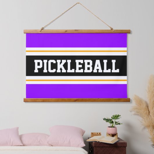 PICKLEBALL Fun Heldere Paarse Gele Zwarte Strepen Hangend Wandkleed (Slaapkamer)