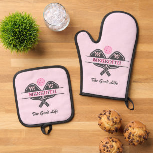 Pickleball Gal Paddles Roze Monogram Voornaam Ovenwant & Pannenlap Set