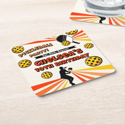 Pickleball Girls Verjaardagsfeestje Retro Speler Kartonnen Onderzetters (Schuin)