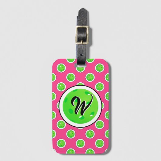 Pickleball Groene Pickleballs Polka Dots Hot Pink Bagagelabel (Voorkant (verticaal))