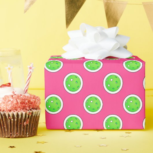 Pickleball Groene Pickleballs Polka Dots Hot Pink Cadeaupapier (Verjaardagsfeest)