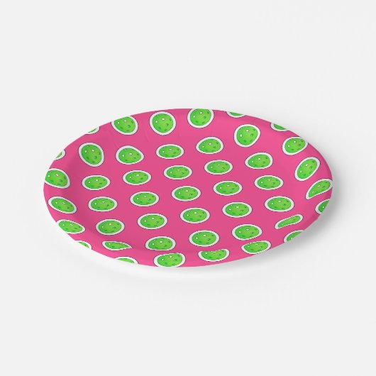 Pickleball Groene Pickleballs Polka Dots Hot Pink Papieren Bordje (Gekanteld)