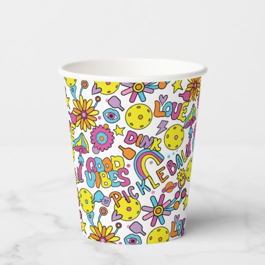 Pickleball Groovy, retro jaren '90, witte papieren Papieren Bekers (Achterkant)