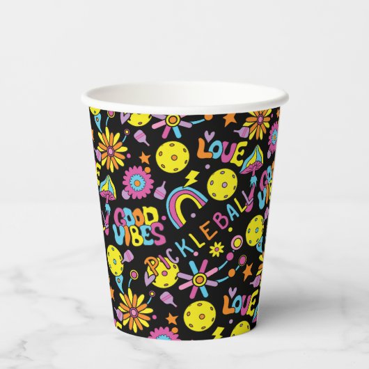 Pickleball Groovy, retro jaren '90, zwart Papieren Bekers (Achterkant)