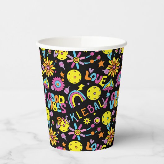 Pickleball Groovy, retro jaren '90, zwart Papieren Bekers (Links)