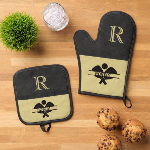 Pickleball Guy Monogram Initiaal Naam Ovenwant & Pannenlap Set