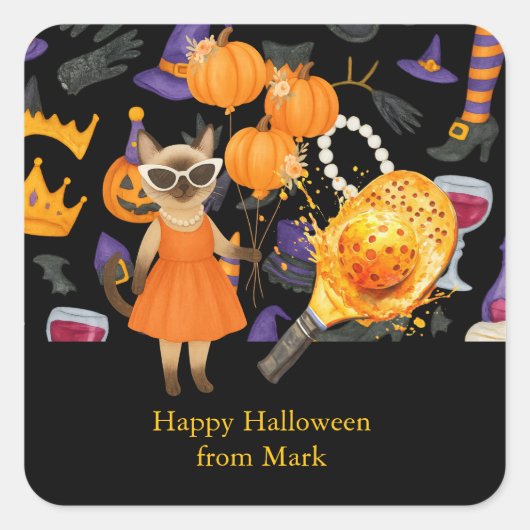 Pickleball Halloween feest voor kattenliefhebbers Vierkante Sticker (Voorkant)