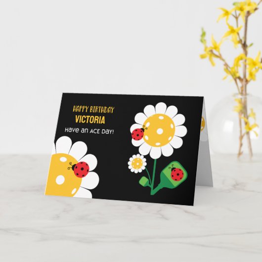 Pickleball Happy Birthday Black  Kaart (Gele Bloem)