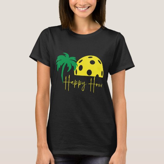 Pickleball HAPPY HOUR Grote Zonsondergang Palmboom T-shirt (Voorkant)