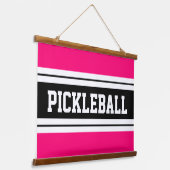 PICKLEBALL Helder Roze Zwart Wit Racing Stripes Hangend Wandkleed (Gebogen)