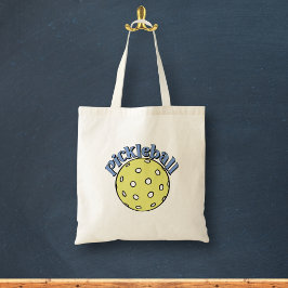 Pickleball in blauw met gele bal tote bag