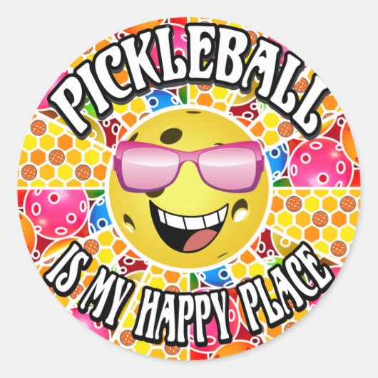 Pickleball is mijn gelukkige plek - kleurrijke afb ronde sticker (Voorkant)