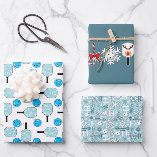 Pickleball Joy Christmas Party Blauw Wit Ornament Inpakpapier Vel (Voorkant)