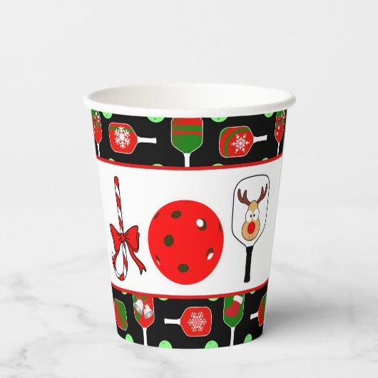 Pickleball Joy Christmas Party Rood Groen op Zwart Papieren Bekers (Achterkant)