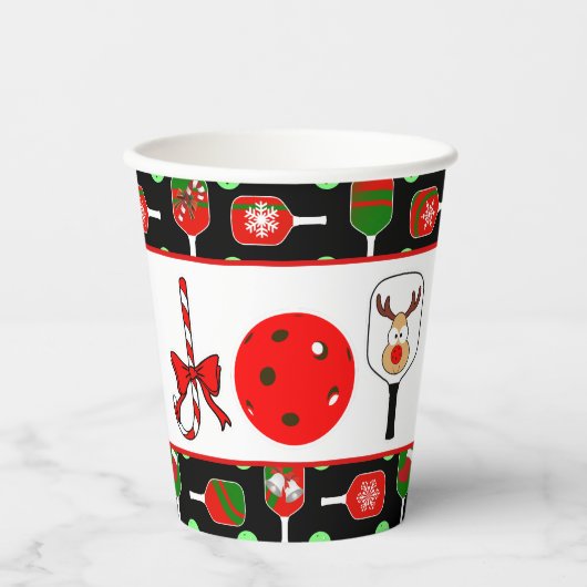 Pickleball Joy Christmas Party Rood Groen op Zwart Papieren Bekers (Voorkant)