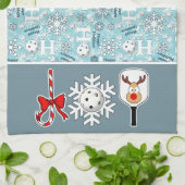 Pickleball Joy Kerst Blauw Wit Rendier Theedoek (Gevouwen)