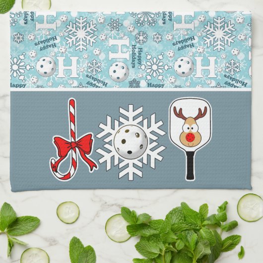 Pickleball Joy Kerst Blauw Wit Rendier Theedoek (Gevouwen)