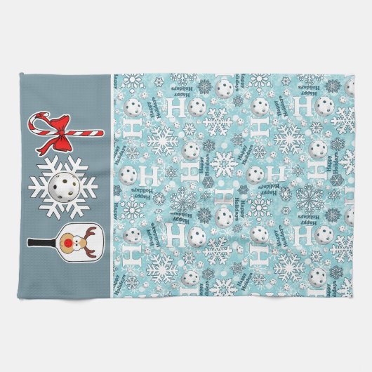 Pickleball Joy Kerst Blauw Wit Rendier Theedoek (Horizontaal)