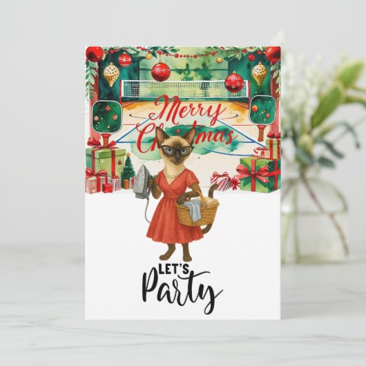 Pickleball kat Huisvrouw Kerstmis Laten we feesten Kaart (Staand voorkant)