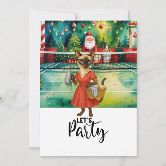 Pickleball kat Huisvrouw Kerstmis Let's Party Kaart (Voorkant)