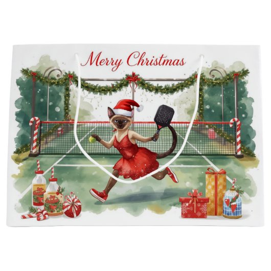 Pickleball Kerst met kat Groot Cadeauzakje (Voorkant)