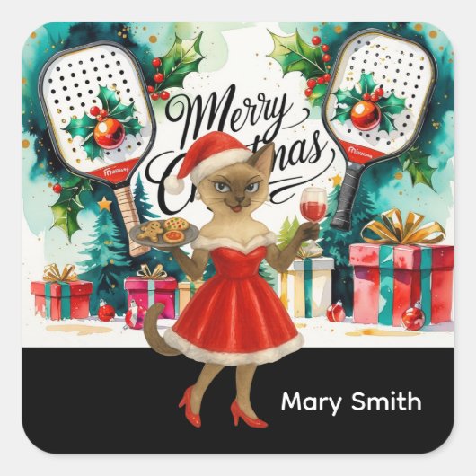 Pickleball Kerst thema voor kattenliefhebbers Vierkante Sticker (Voorkant)