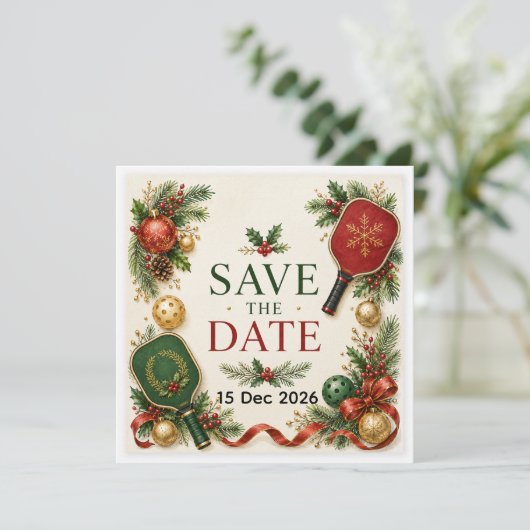 Pickleball Kerstthema Save The Date (Staand voorkant)
