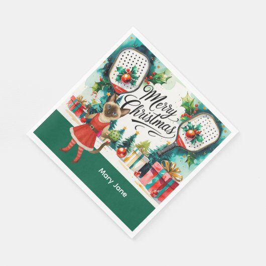 Pickleball kerstthema voor kattenliefhebbers servet (Hoek)