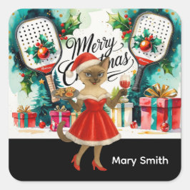 Pickleball kerstthema voor kattenliefhebbers vierkante sticker