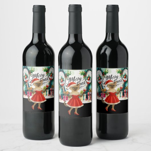 Pickleball kerstthema voor kattenliefhebbers wijn etiket (Flessen)